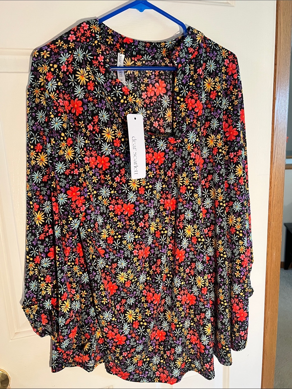 Dear Scarlet Black Floral Long-Sleeve Blouse with Red & Yellow Blossoms